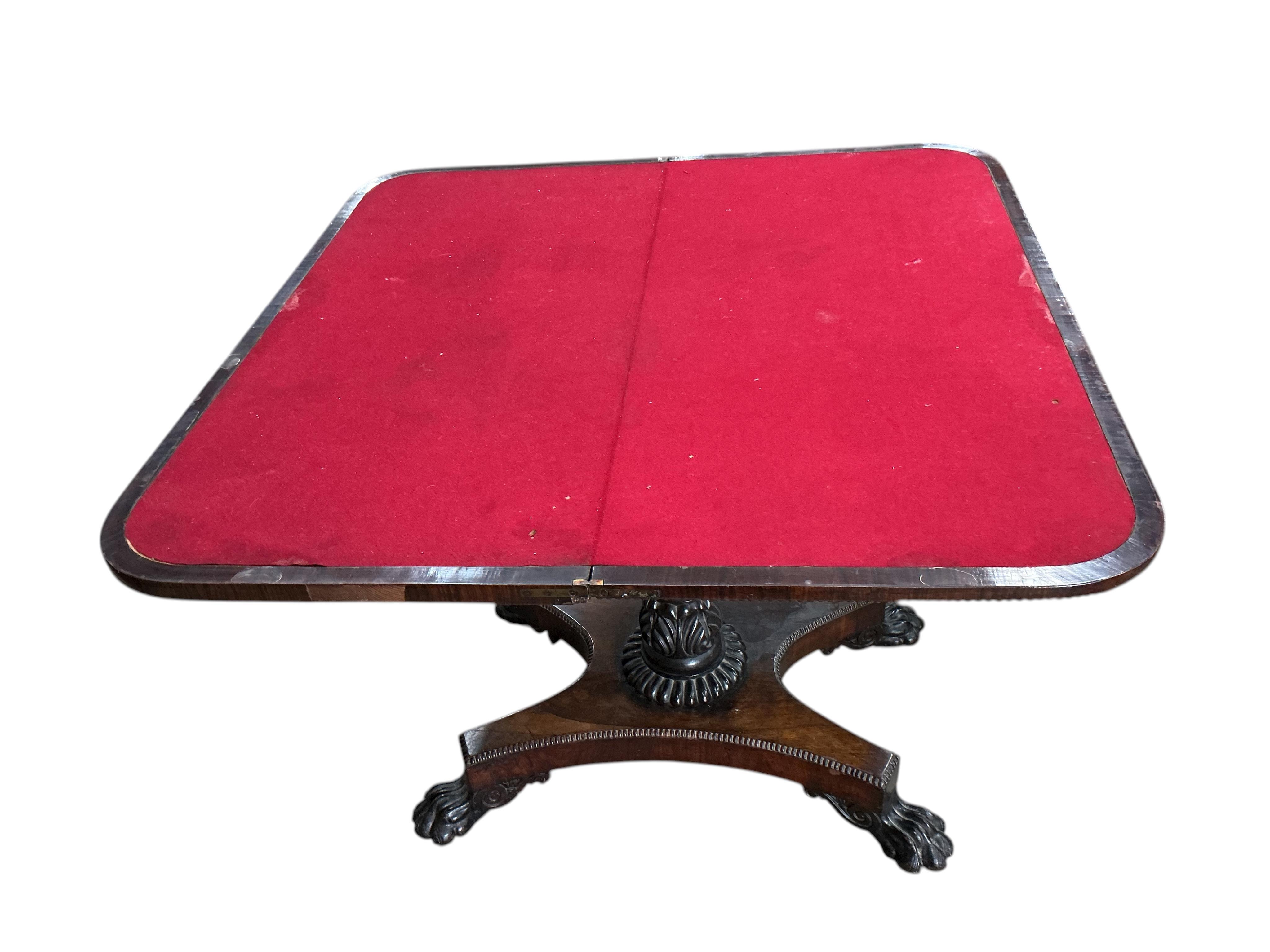 A William IV rosewood folding card table, width 90cm, depth 45cm, height 74cm